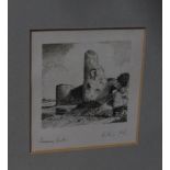 After Anthony Hill, castle scene and a group of six etchings and engravings, framed -6