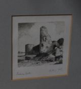 After Anthony Hill, castle scene and a group of six etchings and engravings, framed -6
