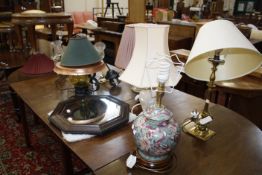 A quantity of table lamps (sold as parts) four wall mirrors, two framed tapestries, wood carving,