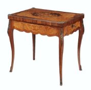 A marquetry and gilt metal mounted card table in Louis XV style, mid 20th century, the marquetry