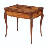 A marquetry and gilt metal mounted card table in Louis XV style, mid 20th century, the marquetry