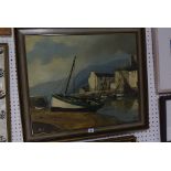 British School (20th Century) Fishing boats in harbour Oil on canvas Signed indistinctly lower