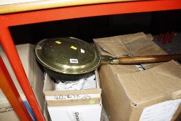 A 19th Century brass and copper warming pan, a Peter Pan print and a quantity of ceramics and