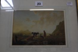 British School (19th Century) Farmers with cattle in mountainous landscape Watercolour Unsigned 14cm