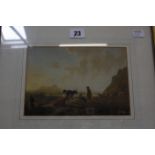 British School (19th Century) Farmers with cattle in mountainous landscape Watercolour Unsigned 14cm