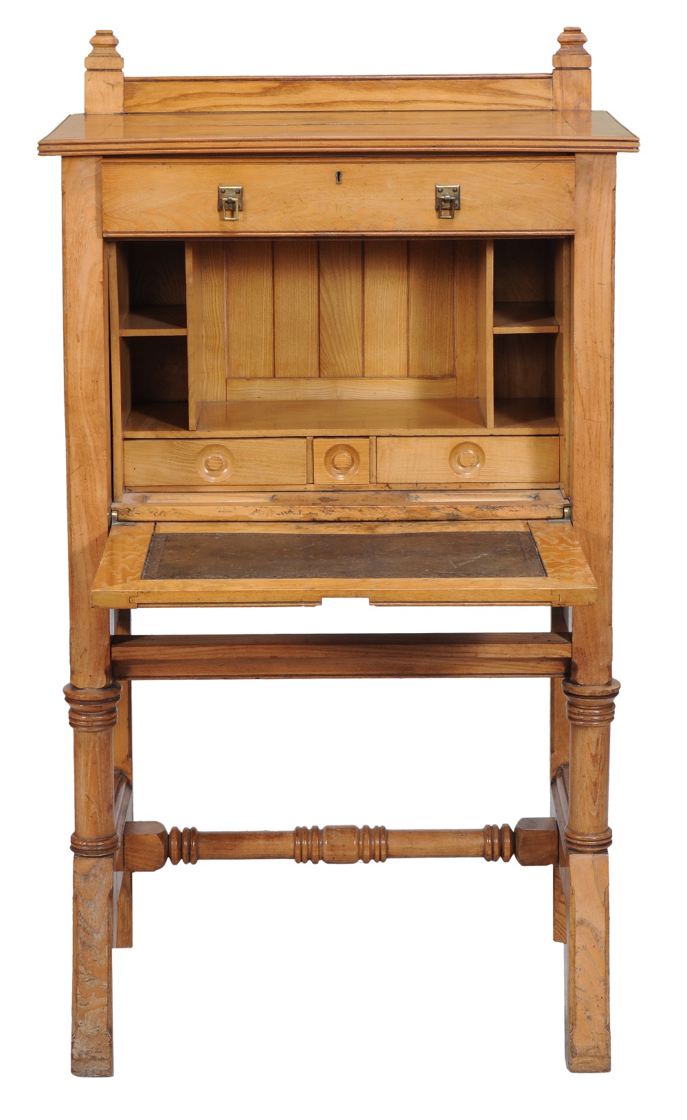 An Aesthetic ash secretaire, circa 1870, the top with moulded edge above single frieze drawer and - Image 2 of 2