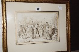 English School (late 19th Century) 'I dote on the military' Three figural scenes Pen and black ink