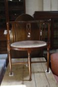 An Edwardian hall chair and a modern three seat sofa in a cream damask type upholstery, feather