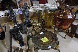 A quantity of metalware, to include a pair of spelter figures, a jam pan, a pair of chamber