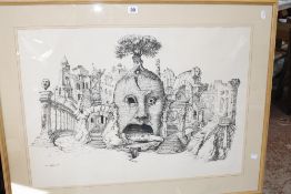 W.. H.. (20th Century) ‘Mysterious City’ 1980 A surrealistic city scene Ink on paper Initialled W.H.