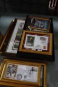 A quantity of Football and Rugby collectors items to include a framed signed print of England