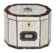 A late George III ivory veneered, tortoiseshell banded and mother-of-pearl inset tea caddy,   circa