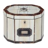 A late George III ivory veneered, tortoiseshell banded and mother-of-pearl inset tea caddy,   circa