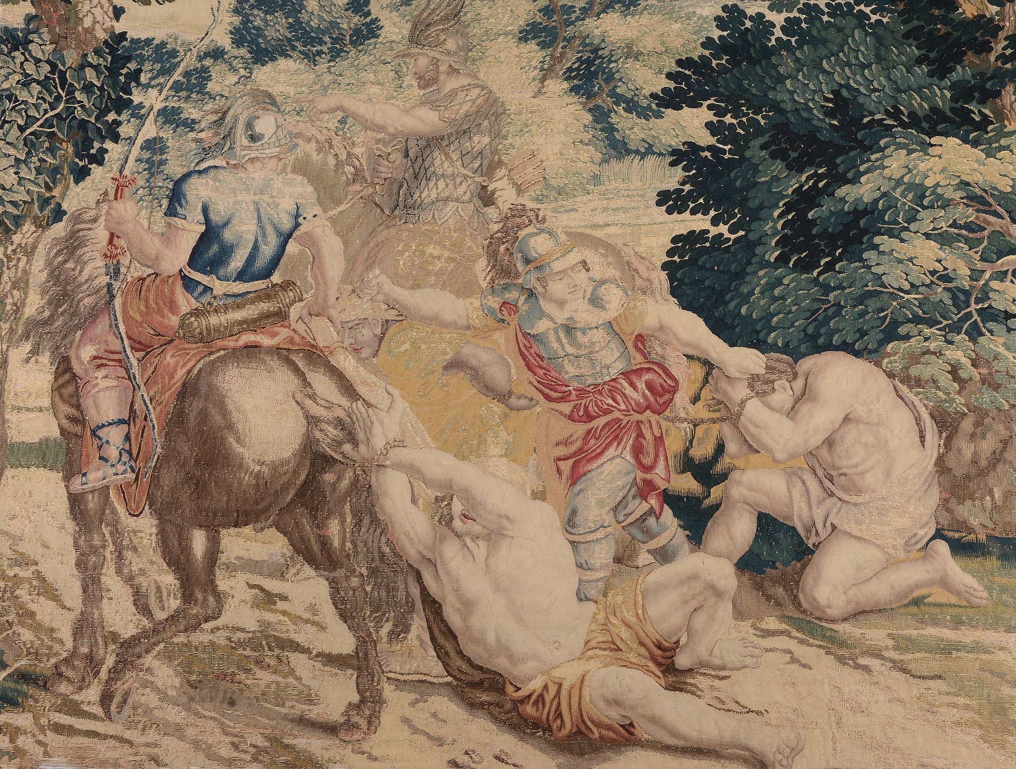 A French Aubusson verdure tapestry panel  , late 17th/early 18th century, depicting 'The defeat of - Image 2 of 2