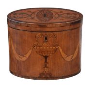 A George III satinwood and marquetry tea caddy,   circa 1775, of oval section, the hinged cover