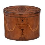 A George III satinwood and marquetry tea caddy,   circa 1775, of oval section, the hinged cover