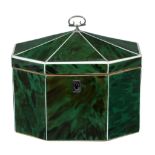 A late George III green stained tortoiseshell veneered and ivory strung tea caddy, circa 1800, of