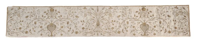 A Continental late 17th century gilt-metal embroidered floral silk panel,   with stylised ears of