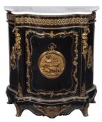 A French ebonised and gilt metal mounted side cabinet  , circa 1890, the marble top above a frieze