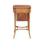 A George III satinwood and kingwood crossbanded work table,   circa 1800, the hinged top opening to