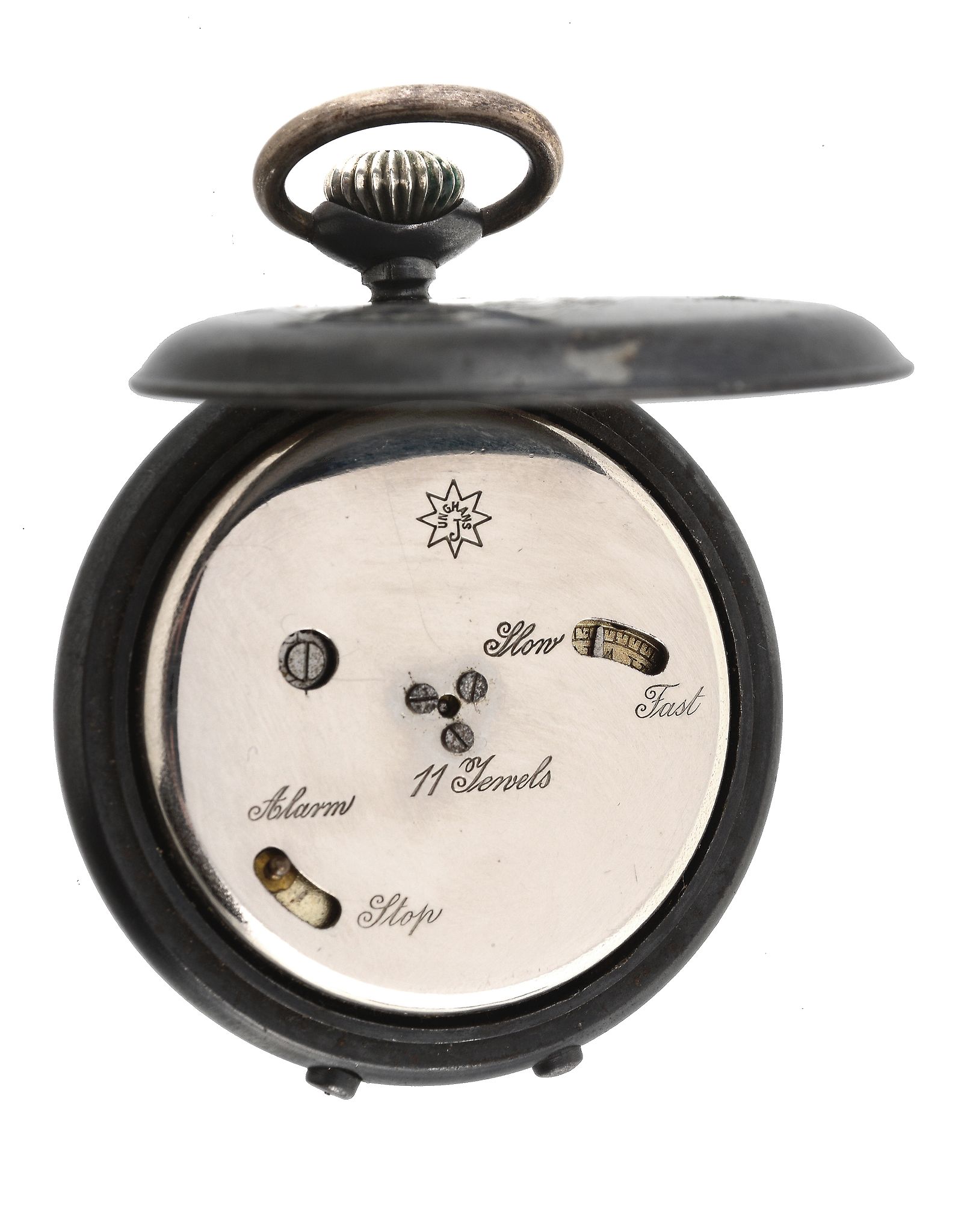 Junghans, a gun metal alarm pocket watch, circa 1911, alarm movement, monometallic balance, flat - Image 2 of 2