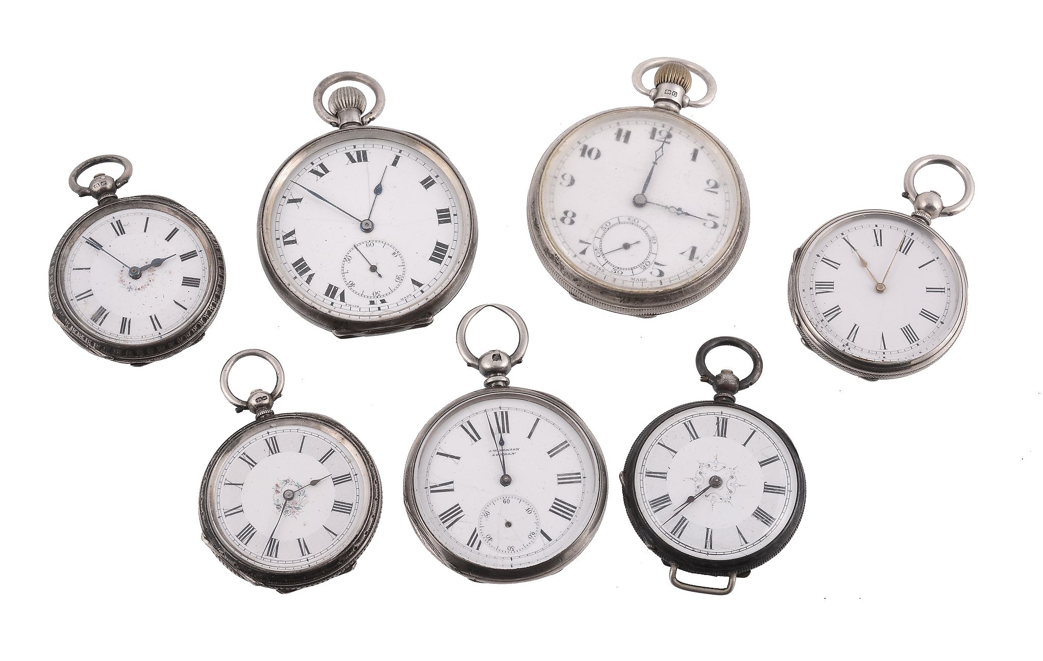 A collection of seven silver pocket watches, to include: Tavannes Watch Co., a silver open face