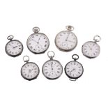 A collection of seven silver pocket watches, to include: Tavannes Watch Co., a silver open face