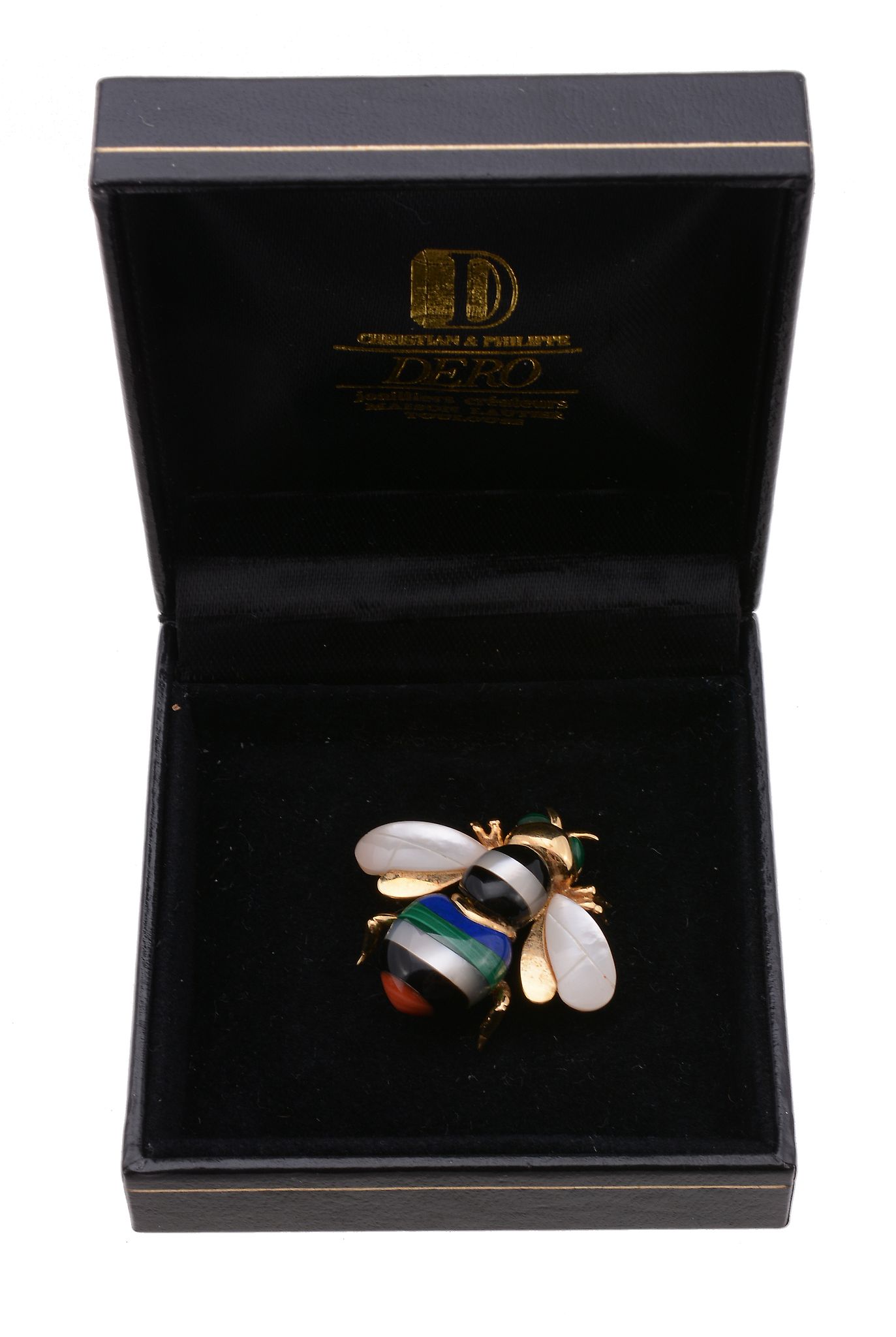 A hardstone set bee brooch, the bee with malachite oval eyes, mother of pearl wings, and various
