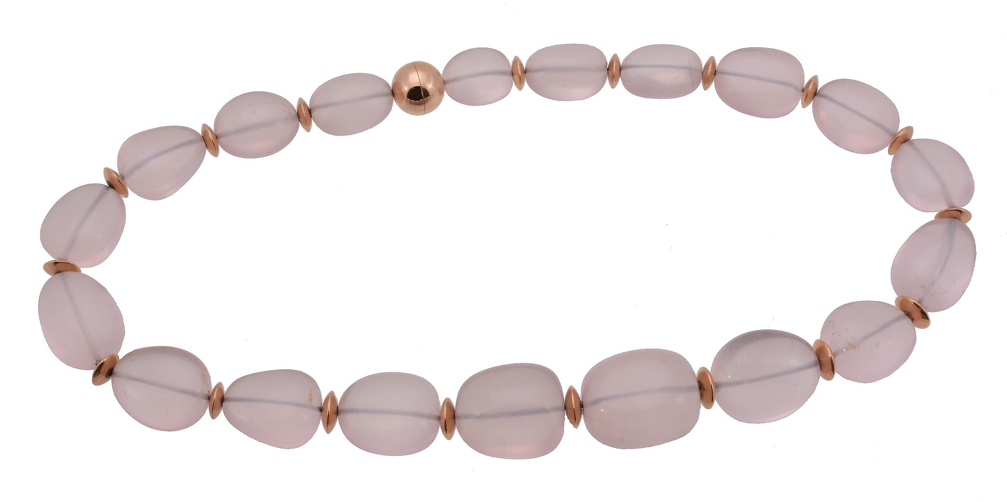 A rose quartz bead necklace, the polished rose quartz with gold coloured disc spacers, to a ball - Image 2 of 2