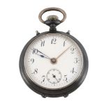 Junghans, a gun metal alarm pocket watch, circa 1911, alarm movement, monometallic balance, flat