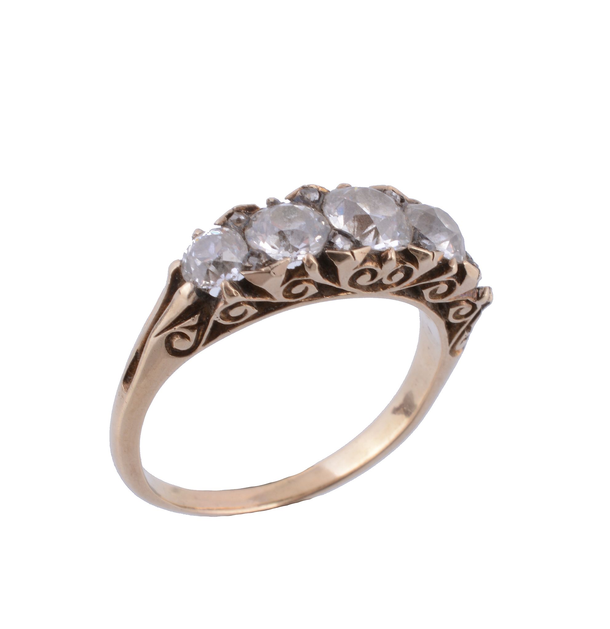 A diamond ring, the four old brilliant cut diamonds claw set within a pierced scroll surround with - Image 2 of 2