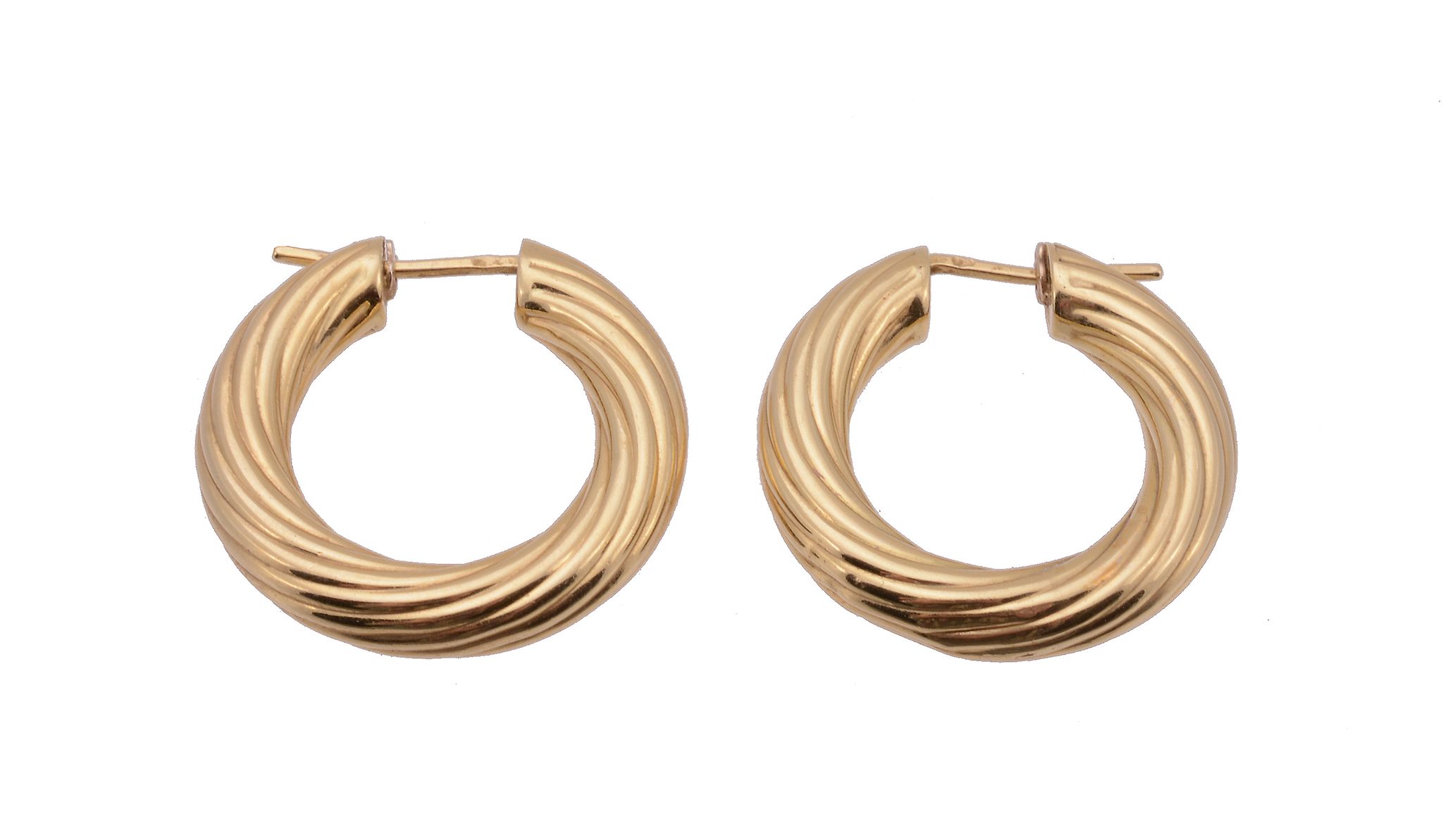 A pair of gold ear hoops, the hollow hoops of twisting design, with post fittings, stamped 750, 9g - Image 2 of 2