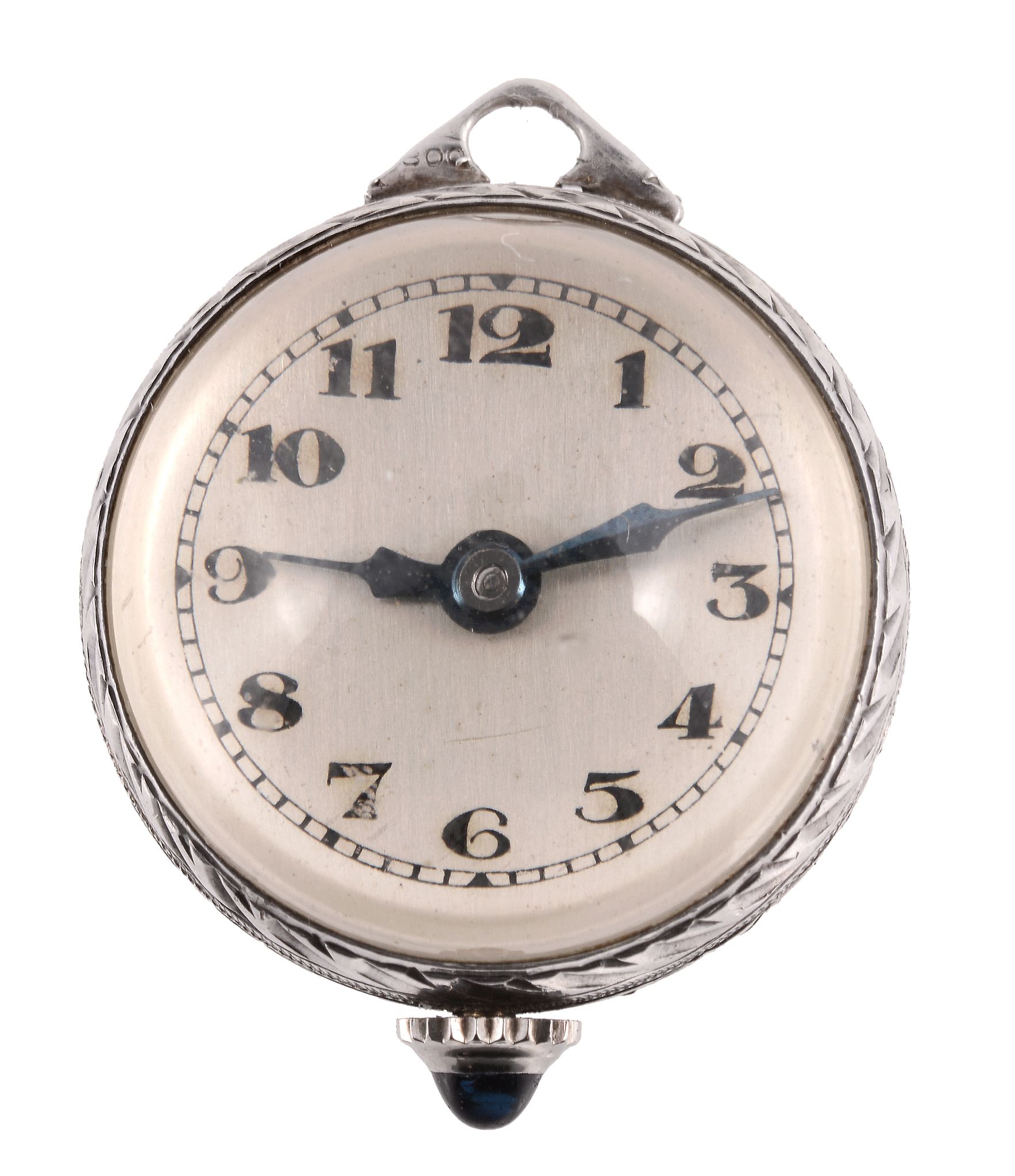 A silver coloured pendant ball watch, .800 standard, manual wind lever movement, 15 jewels,