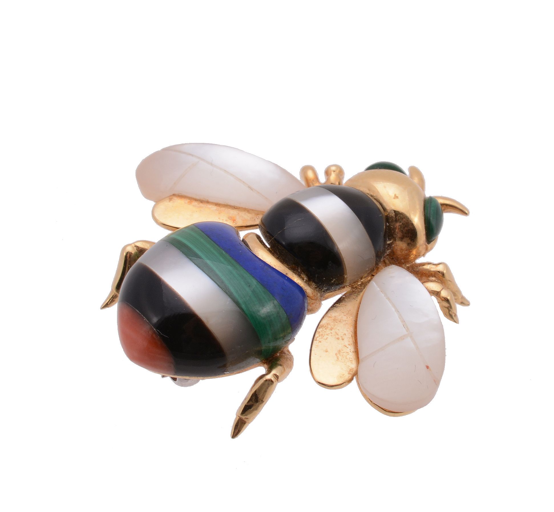 A hardstone set bee brooch, the bee with malachite oval eyes, mother of pearl wings, and various - Image 2 of 2