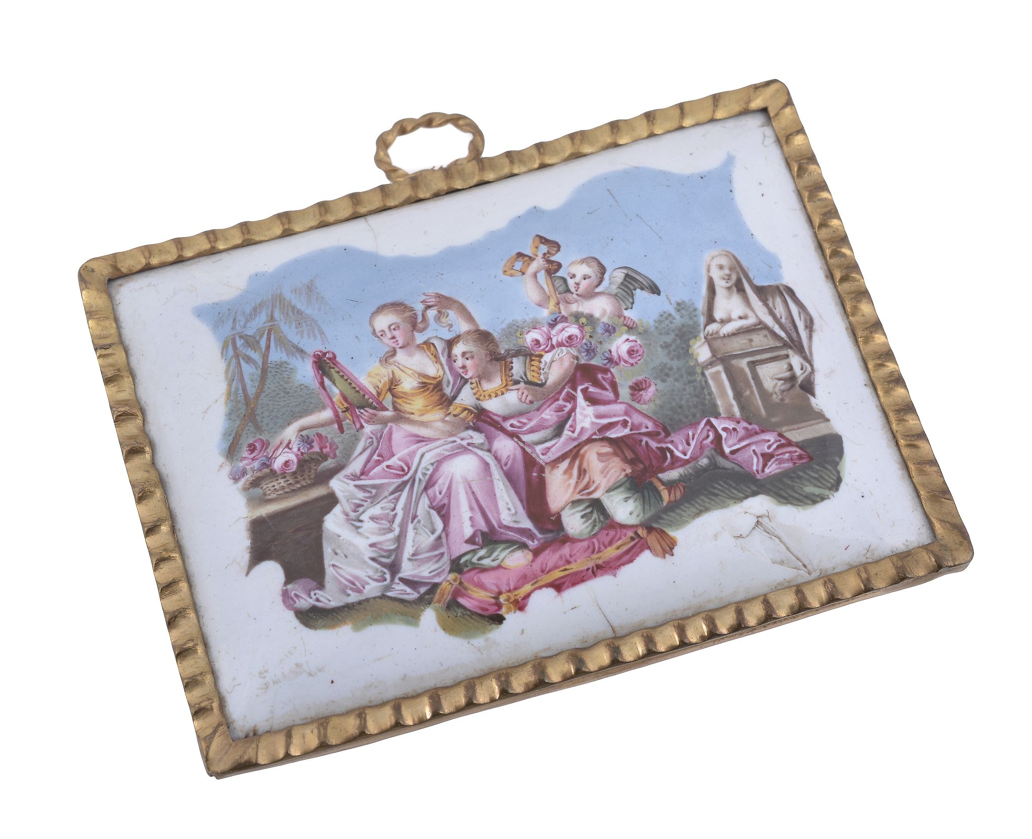 A Birmingham enamel rectangular plaque, circa 1760-65, painted with a lover and his lady tying up