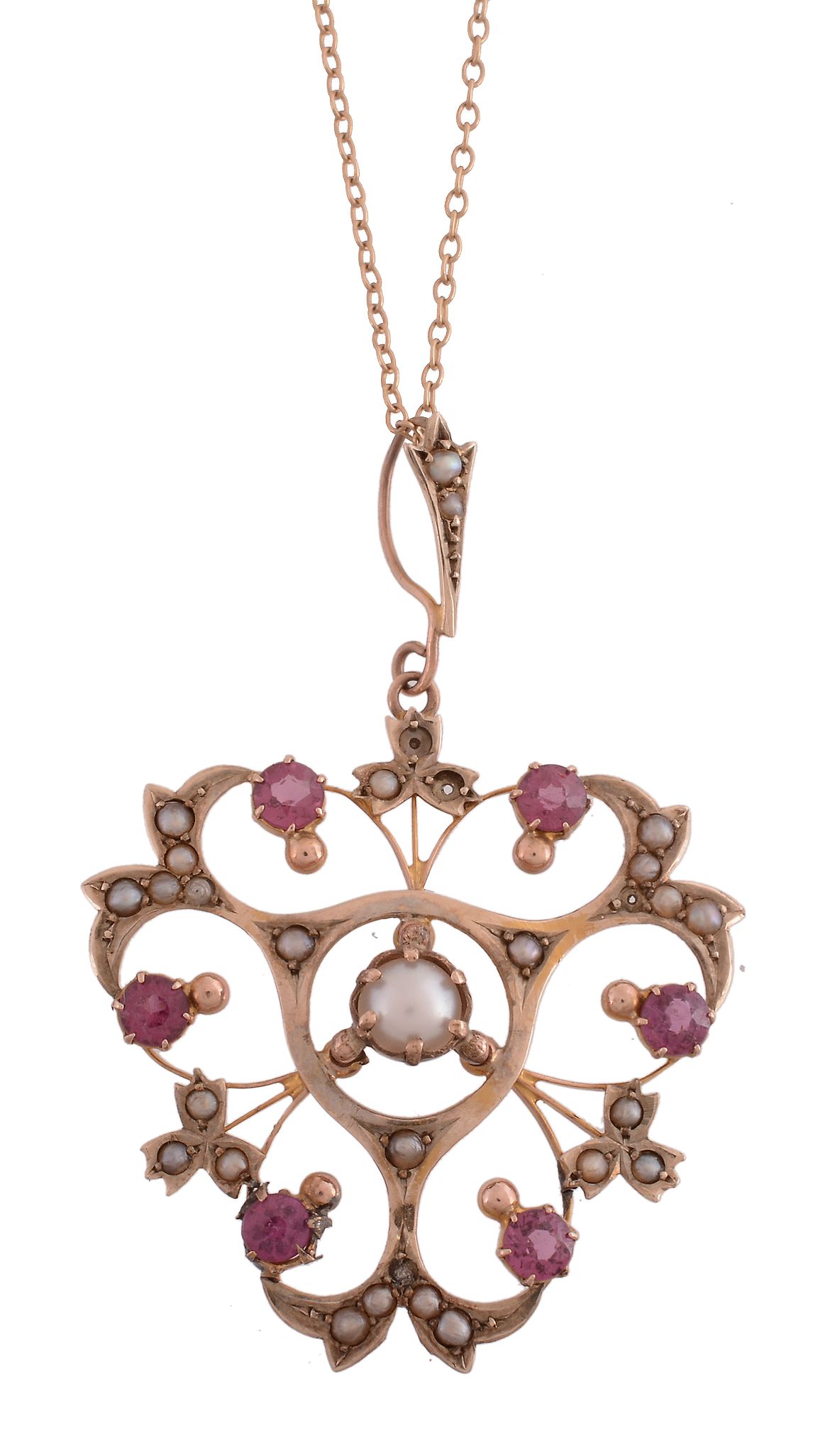 A pink sapphire and half pearl necklace, the openwork foliate panel set with circular shaped pink