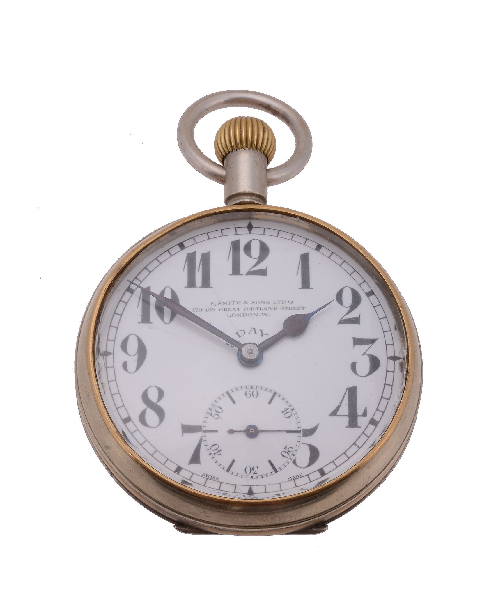 S. Smith & Sons Ltd., a nickel and brass open face 8 day military pocket watch, no. 143278, circa