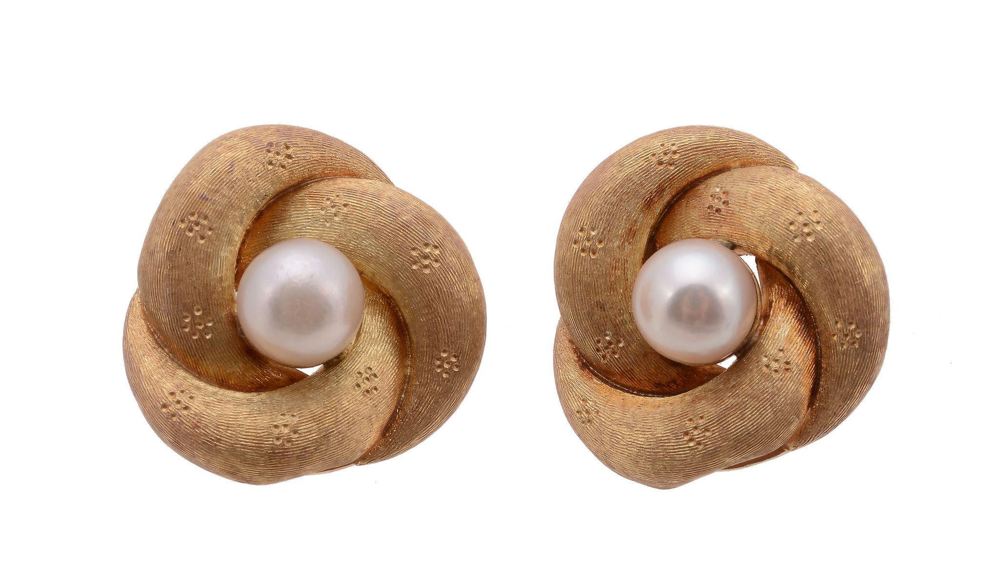 A pair of cultured pearl ear studs, the 8mm cultured pearl within a twisting textured surround,