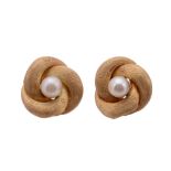 A pair of cultured pearl ear studs, the 8mm cultured pearl within a twisting textured surround,