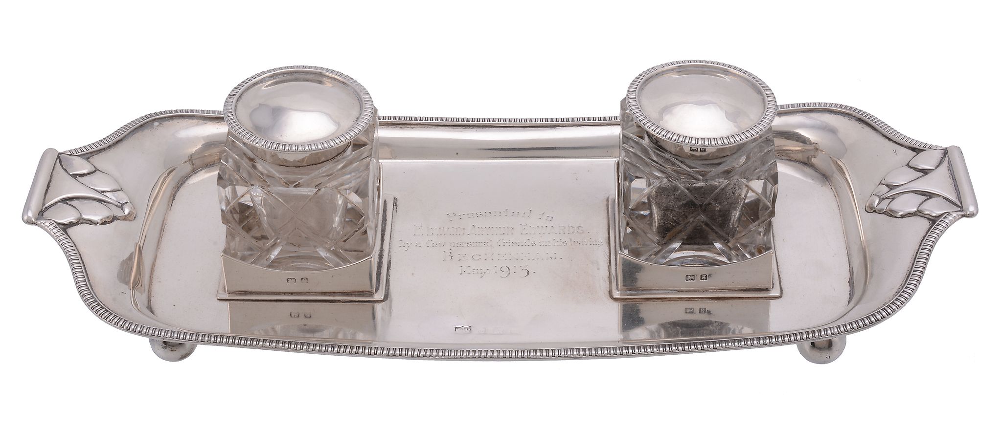 An Edwardian silver rectangular inkstand by Mappin & Webb, London 1902 or Birmingham 1906 (town