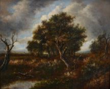 Follower of John Constable (1776-1837) - A riverside landscape Oil on panel Bears signature J.