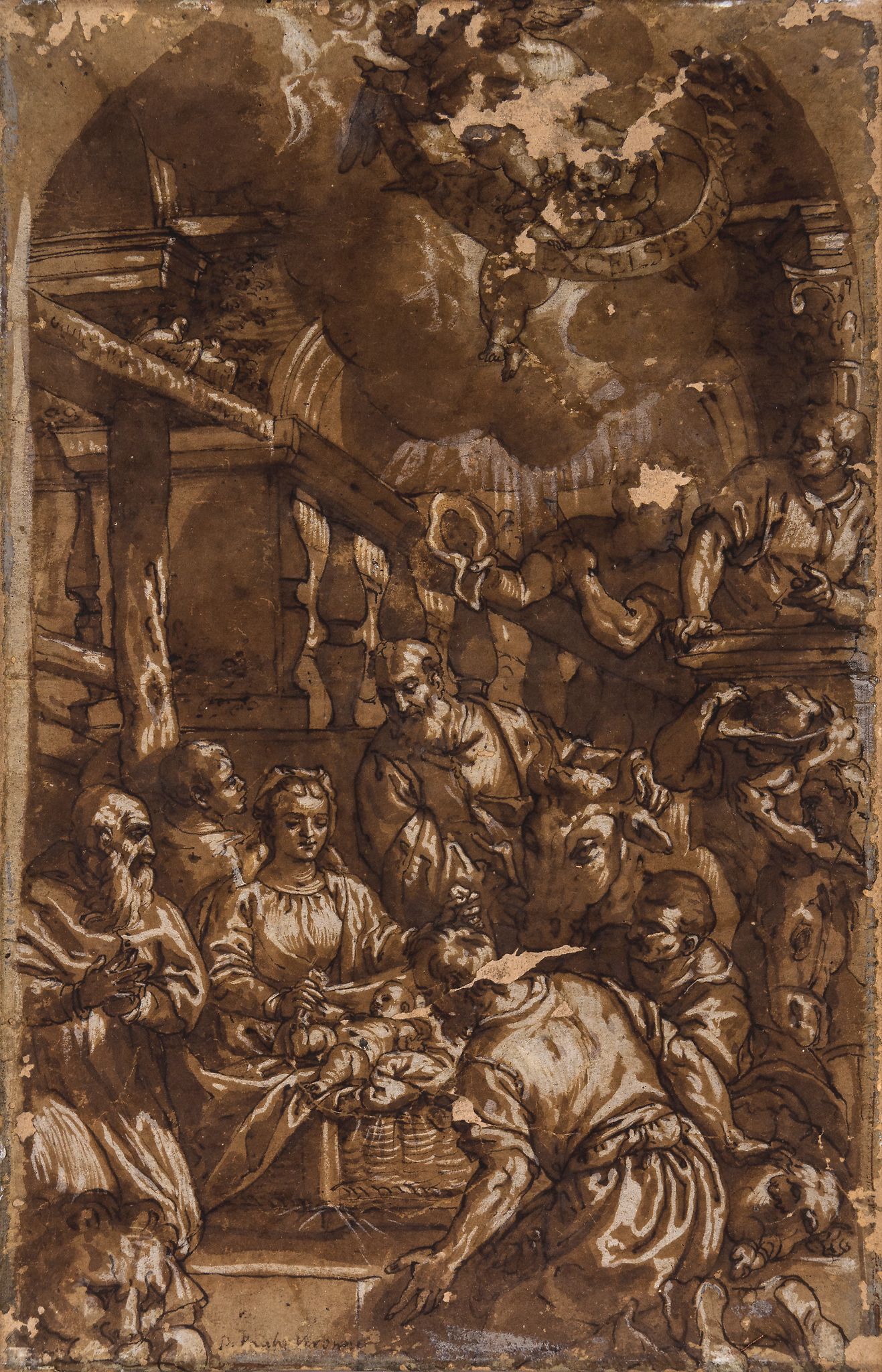 Follower of Paolo Veronese (1528-1588) - Adoration of the Shepherds, with St Jerome Pen and black