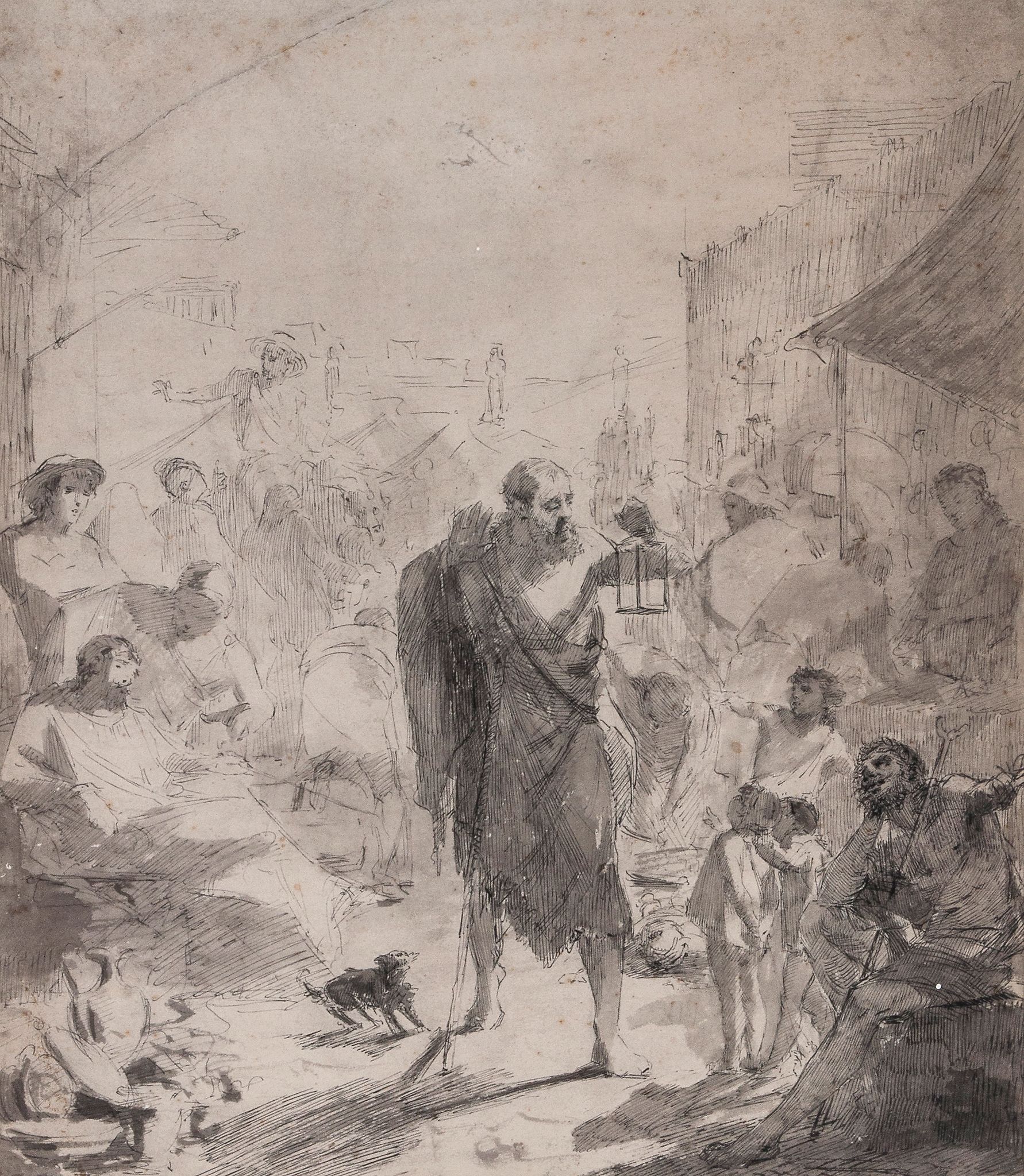 Italian School (19th Century) - Hermit with walking stick, holding a lantern, walking through a