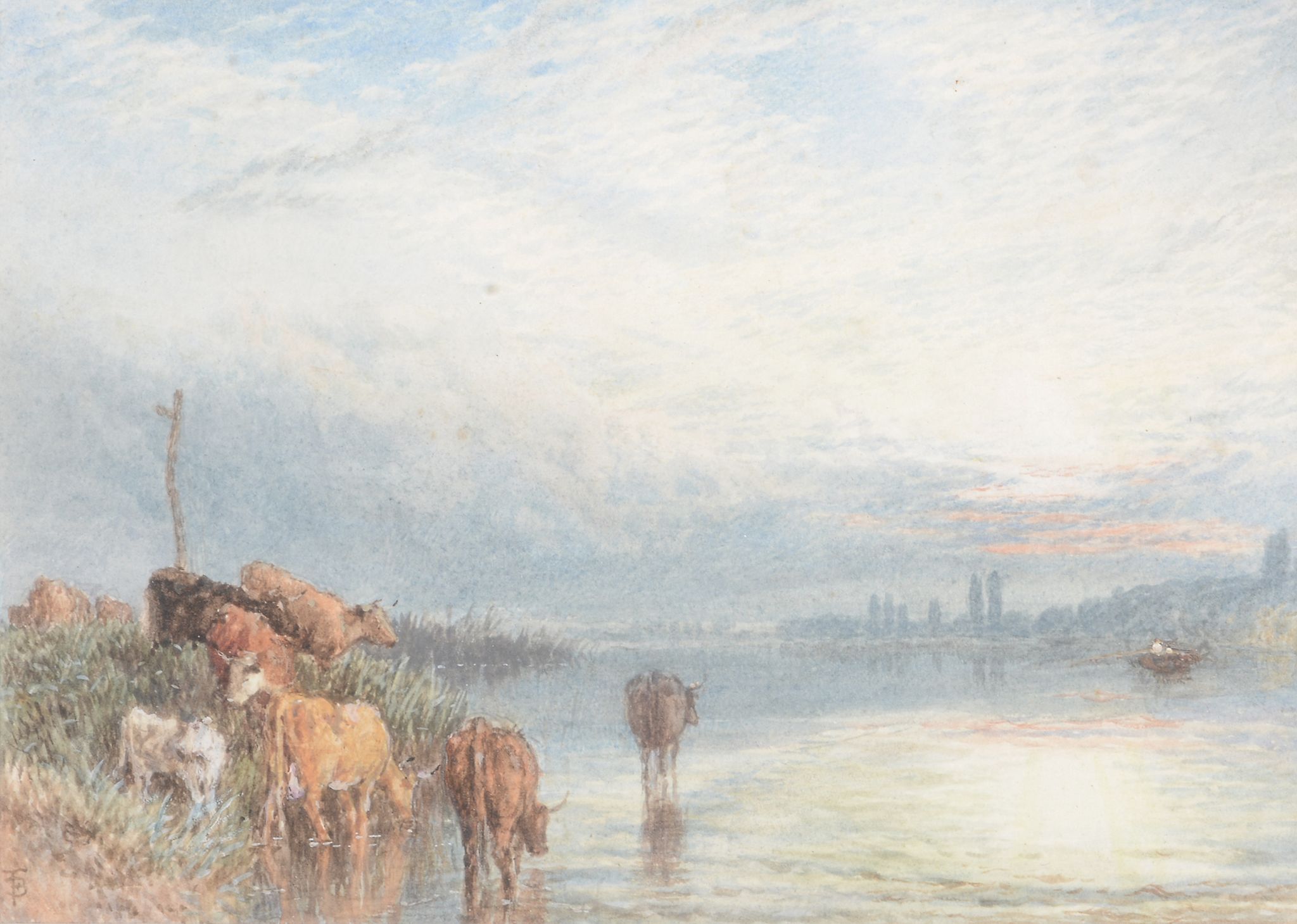 Myles Birket Foster (1825-1899) - Cattle watering at sunset Watercolour and bodycolour Signed with