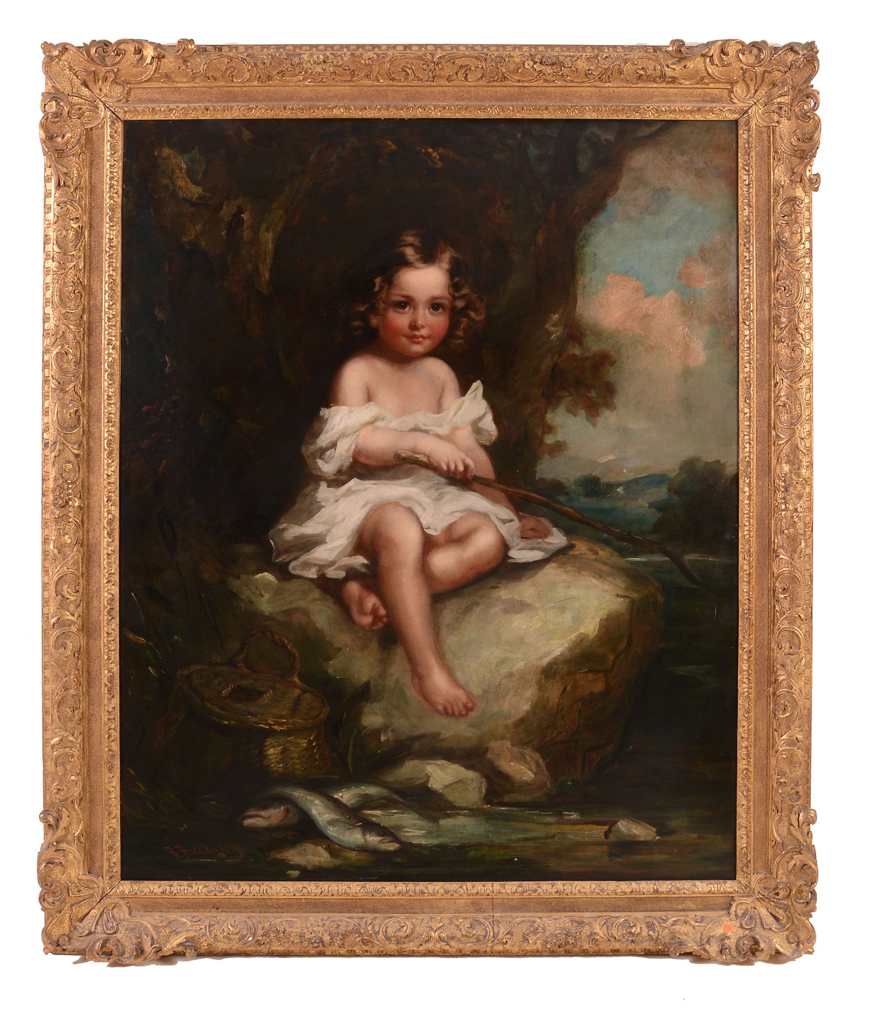 Richard Buckner (1812-1893) - Portrait of a young boy sitting on a rock fishing, with his catch by - Image 3 of 3