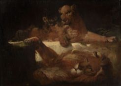 English School (Early 19th Century) - Lion and Lioness with Cubs Oil on panel 27 x 35 cm. (10 1/2