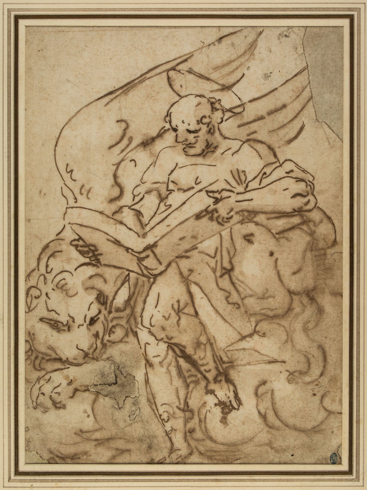 Luca Cambiaso (1527-1585) - St Jerome with an open book, and lion at his side Pen and brown ink,