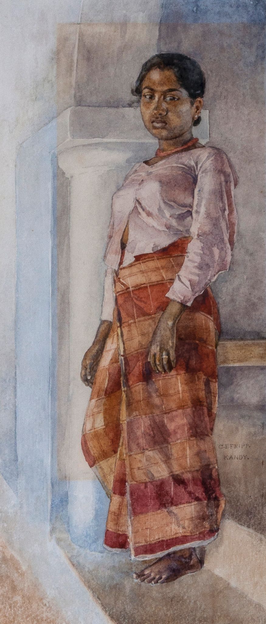Charles Edwin Fripp (1854-1906) - Woman standing by a pillar, Sri Lanka Watercolour, over graphite