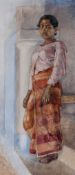 Charles Edwin Fripp (1854-1906) - Woman standing by a pillar, Sri Lanka Watercolour, over graphite