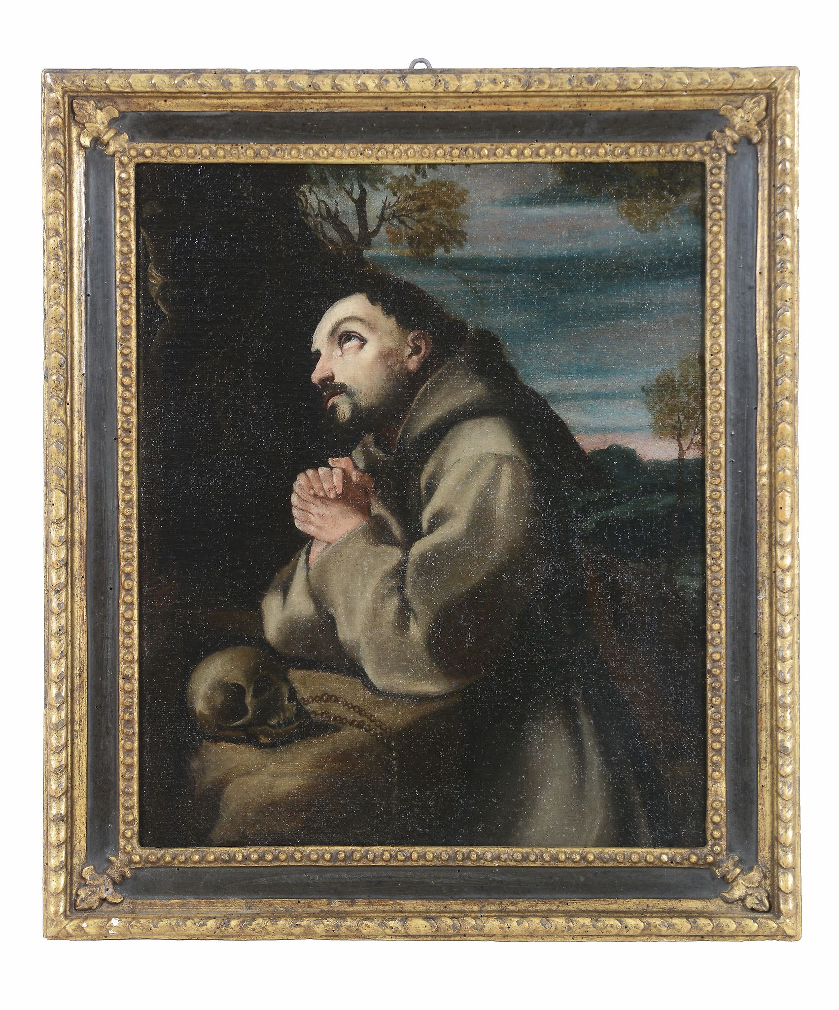 Follower of Alonso Cano - Saint Francis in the wilderness praying to a crucifix Oil on canvas 45.5 x - Image 2 of 2